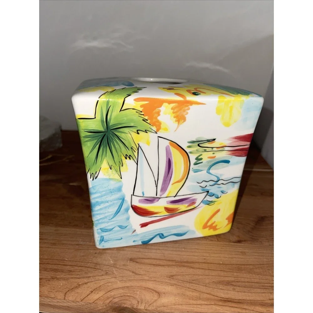 VTG Italian Riviera Ocean Sailing Palm Trees Colorful Ceramic Tissue Holder